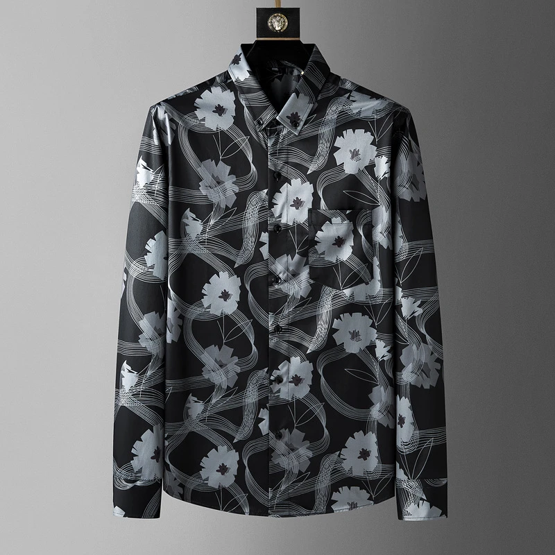 高级感春碎花男士衬衫长袖宽松加肥加大码时尚印花肥BM佬大号衬衣
