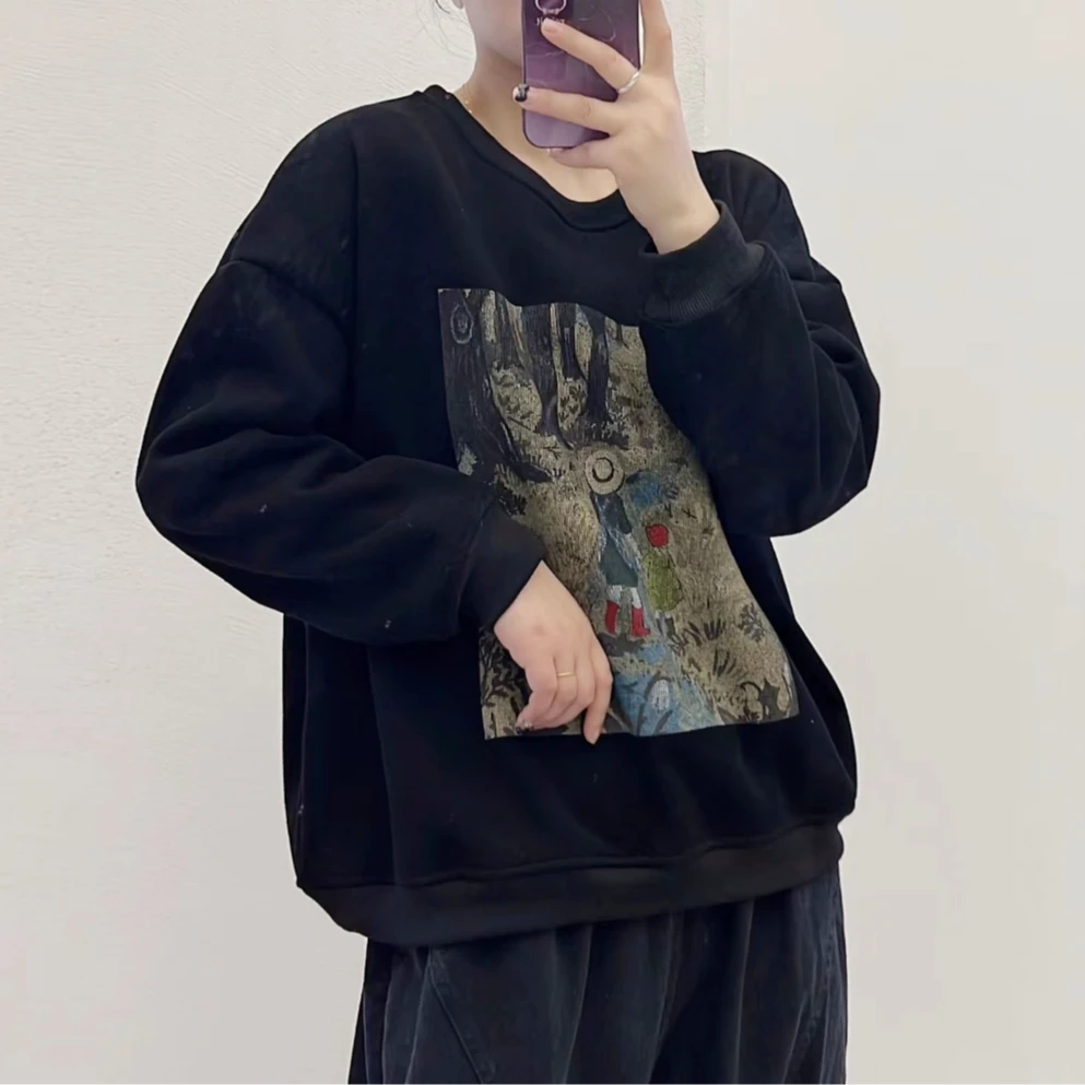 秋冬新款加绒棉质套头圆领印花落肩长袖卫衣休闲宽松厚款百搭时尚