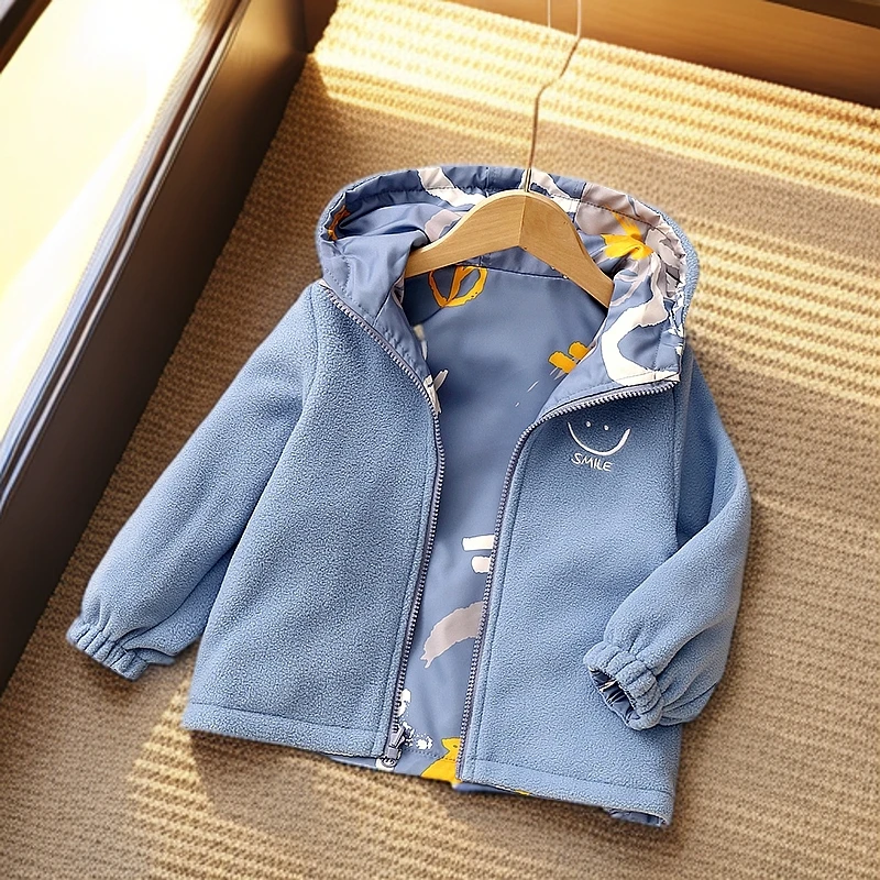 韩版卡通两面穿冲锋衣加绒小中大保暖婴幼儿男女女童加绒加厚外套