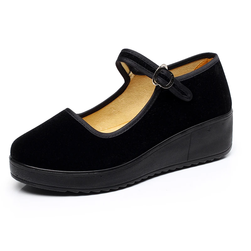 老北京女坡跟黑平绒布鞋酒店红高跟工作鞋中老年休闲鞋妈妈舞蹈鞋