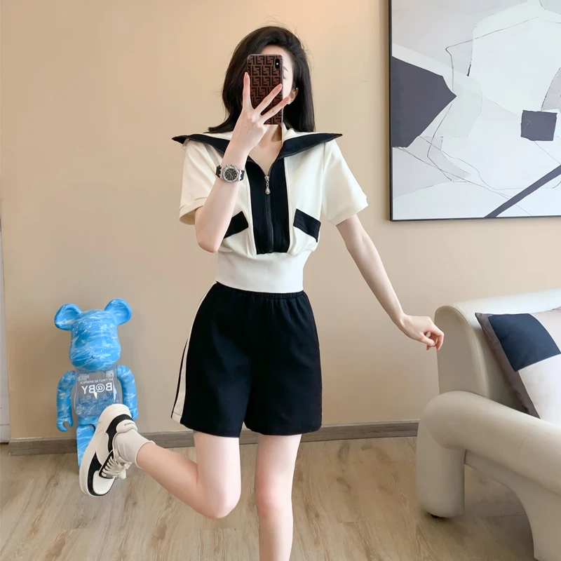 欧货高档休闲运动套装女夏洋气减龄显瘦撞色大翻领短袖短裤两件套
