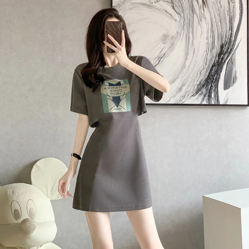 小众连衣裙女夏遮肚子收腰显瘦小个子短袖T恤裙子法式气质高级感