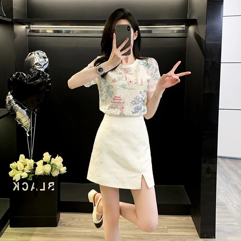 国风减龄高端印花短袖套装裙女夏2024新款矮个子半身裙气质两件套