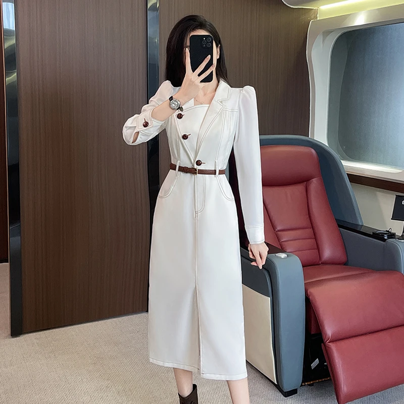 高级感气质白色西装领连衣裙女春秋新款法式轻奢通勤减龄收腰裙子