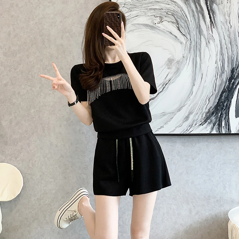 运动短裤套装女夏时尚洋气减龄高级感欧货流苏短袖上衣休闲两件套
