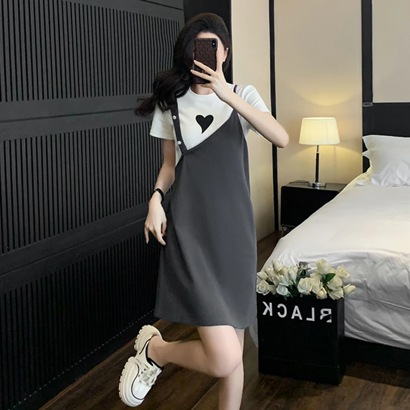 轻奢小众假两件短袖宽松连衣裙女夏高级感气质洋气减龄t恤背带裙