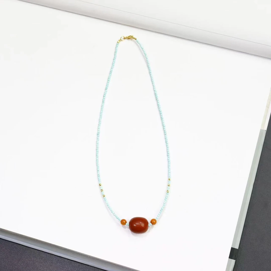 原创设计款天然琥珀蜜蜡枣珠百搭女款吊坠项链