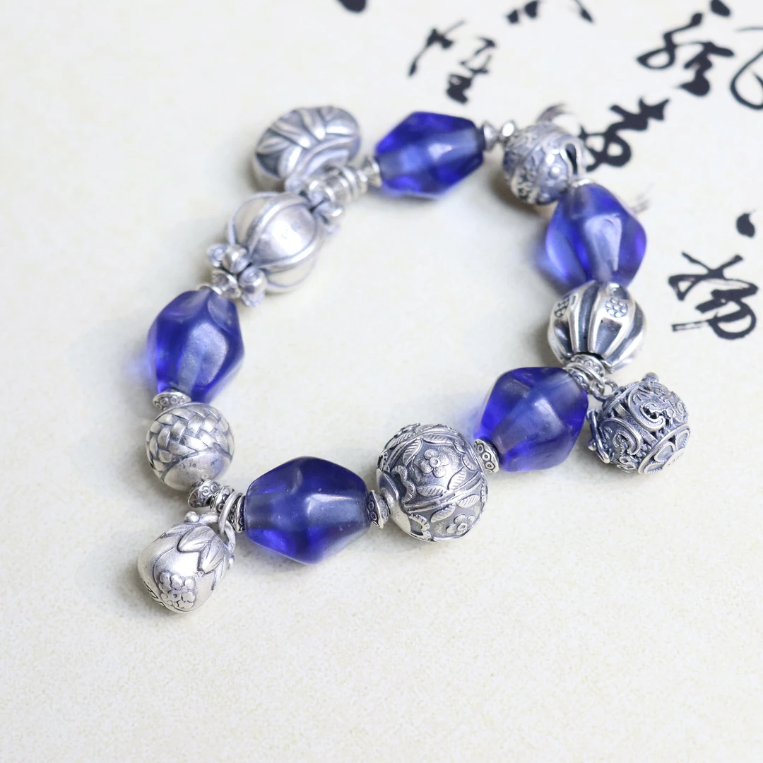 原创设计款复古民族风S925银时尚蓝色女款手串手链手饰