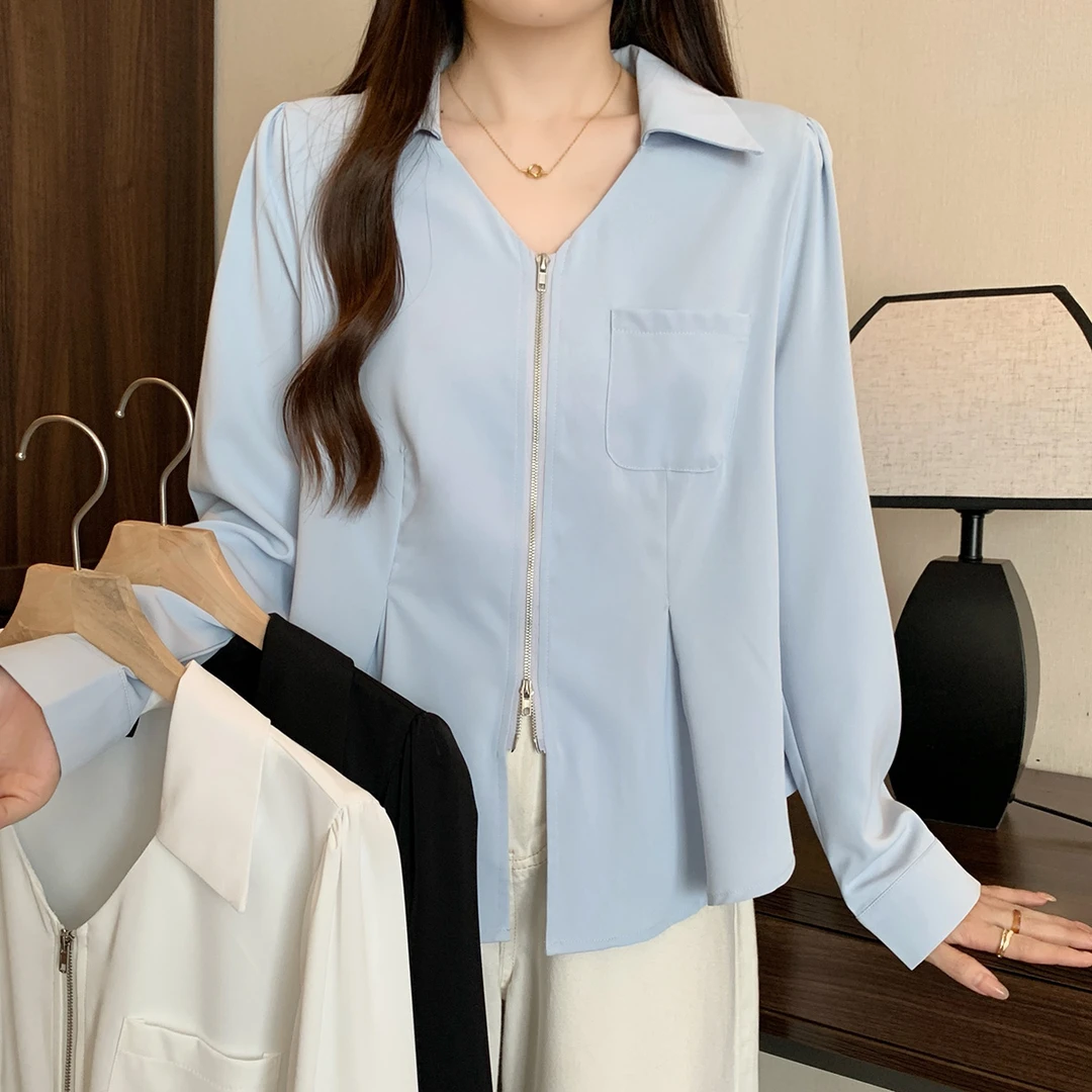 63479大码女装胖mm2025年秋季新款气质内搭拉链衬衣正肩显瘦上衣