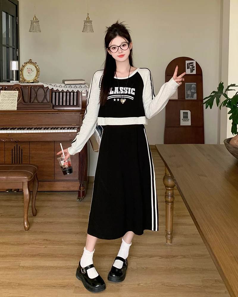 长胖mm大码2025春季新款拼接假两件连衣裙撞色遮肚显瘦a字裙63352