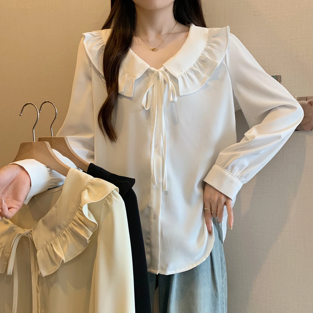 62079大码女装2024年春季新款洋气娃娃领衬衫微胖mm减龄百搭衬衣