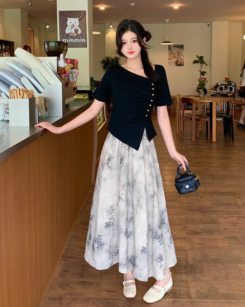 清63168大码2025夏装胖mm不规则褶皱上衣国风半身裙新中式套装