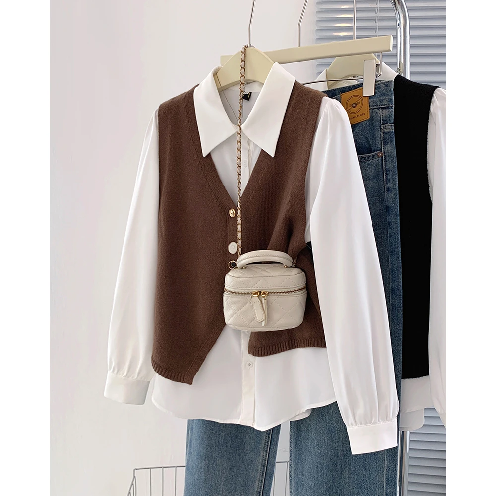 大码女装2025秋季百搭不规则针织马甲设计感衬衫套装68579+62158