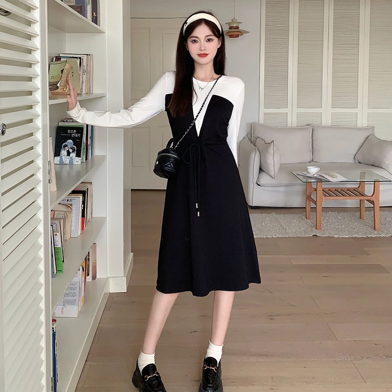 13032清大码女装2024春季新款微胖妹妹假两件收腰连衣裙