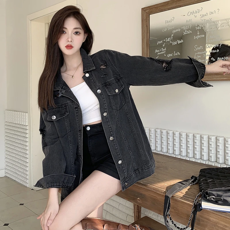 清65250大码女装2025春季新款微胖妹妹韩版时尚破洞牛仔夹克外套