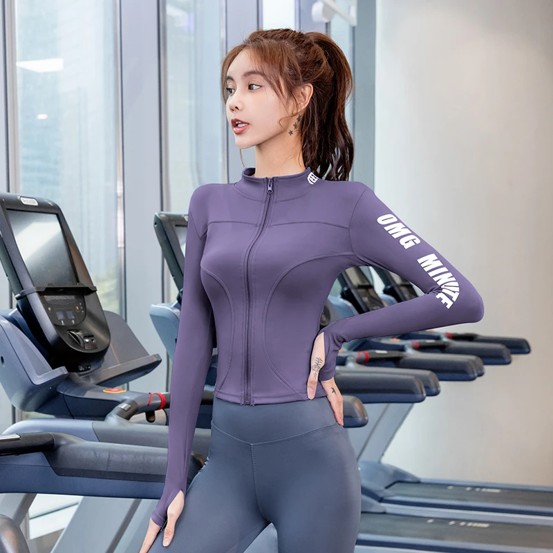 秋季瑜伽上衣女速干修身跑步健身服拉链气质字母运动外套显瘦长袖