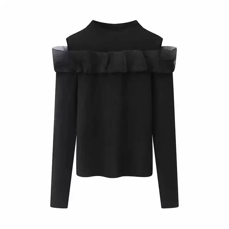 2024秋季长袖百搭荷叶边拼接露肩针织衫上衣女8045