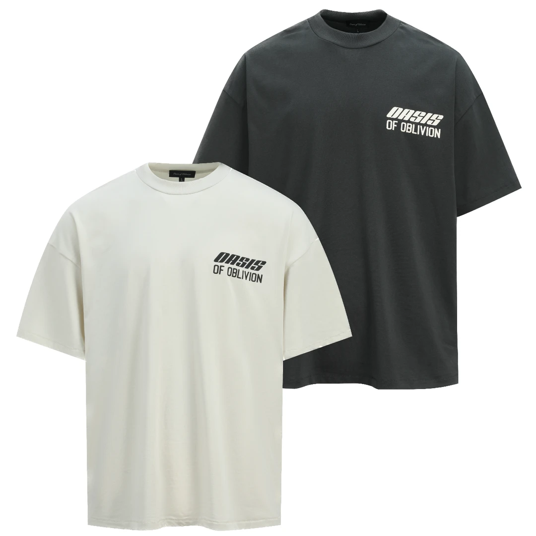 OaOO「赛车」微高领纯棉扩肩宽松圆领短袖t恤 夏季上衣男