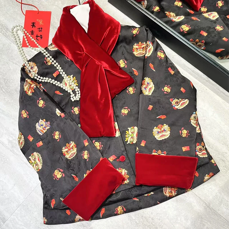 【冬睿】Ou新中式冬季新款气质高级提花围脖国风棉服外套8101