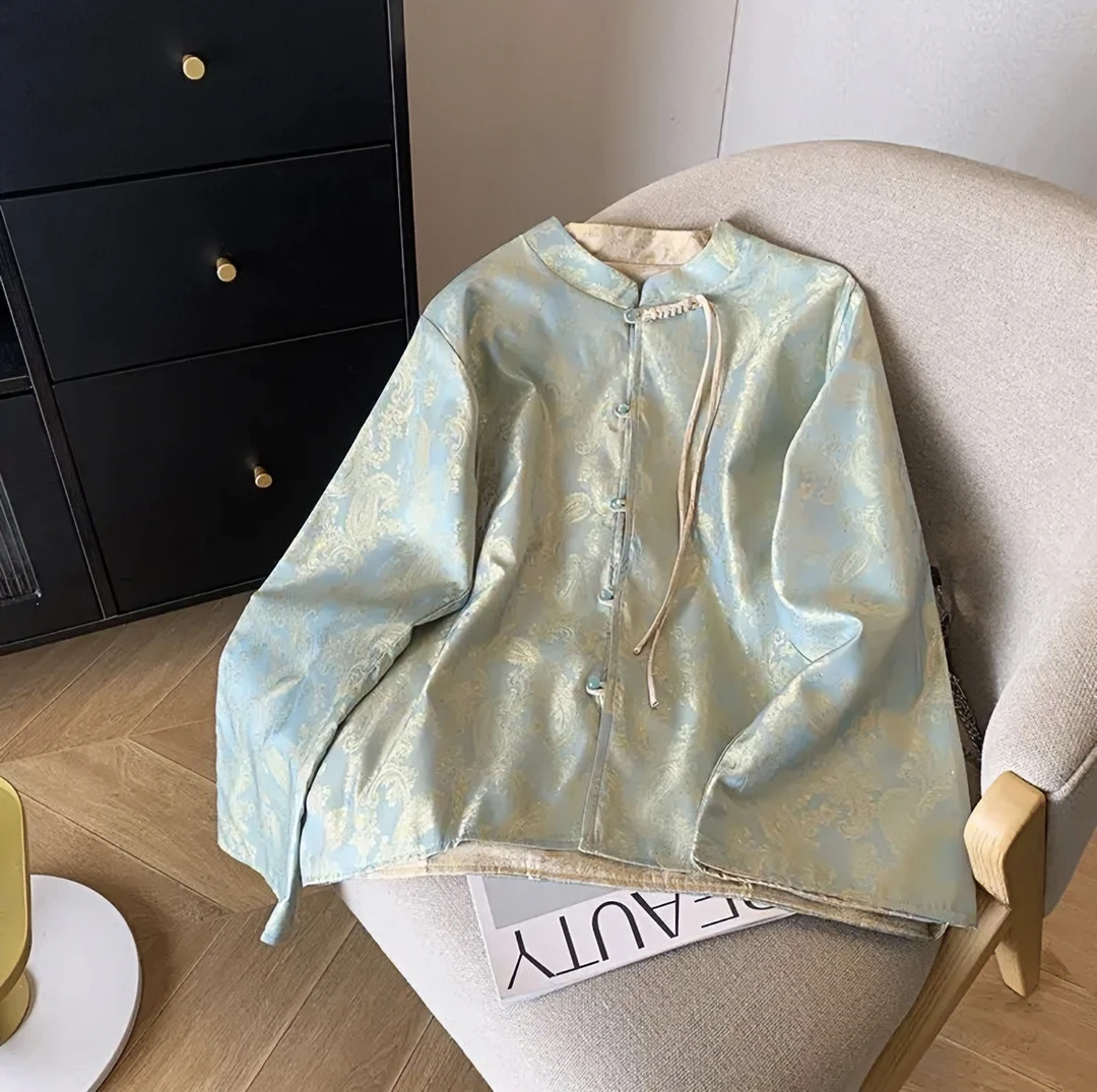 W071【腰果花】新中式提花双面双穿盘扣流苏外套