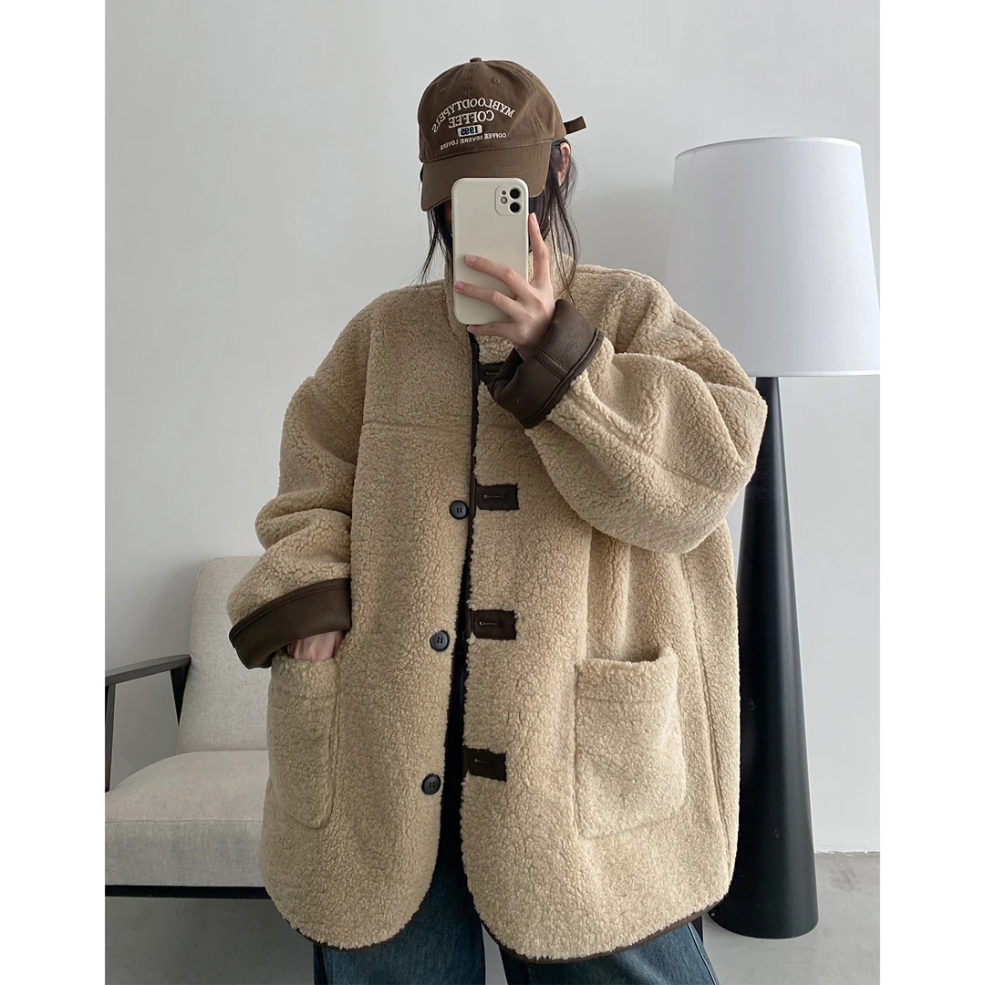 秋冬季外穿上衣大码微胖AB面两面穿慵懒风加绒加厚外套宽松