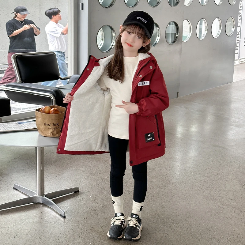 女童冬季派克服中大童加绒加棉美拉德防风防水连帽棉衣小女孩棉袄