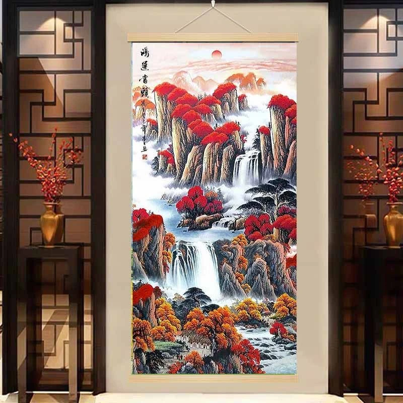 风水画山水国画鸿运当头布艺挂轴画靠山聚宝客厅办公室书房装饰画
