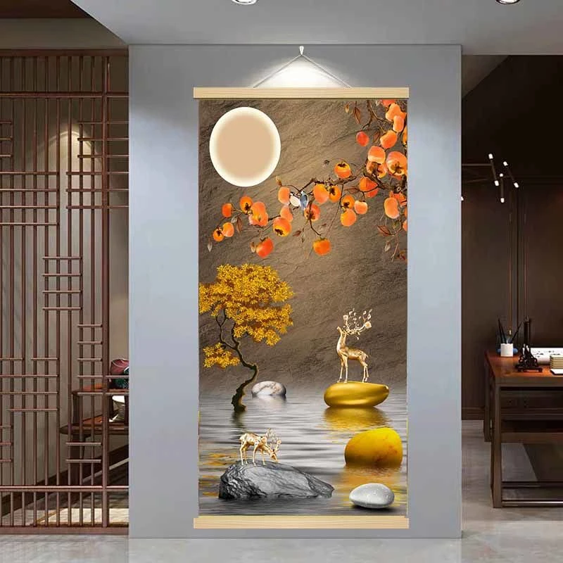 招财实木挂画柿柿如意麋鹿中式入户玄关客厅墙壁画北欧竖版装饰画