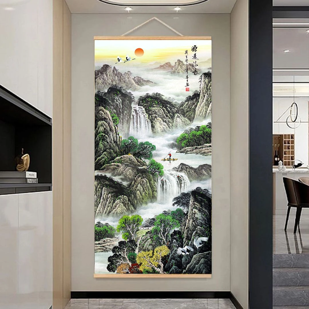 风水画国画中式招财风景玄关山水画靠山挂画背景墙现代装饰画