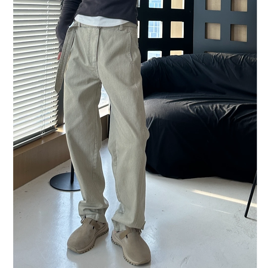 燕麦色做旧腰带裤