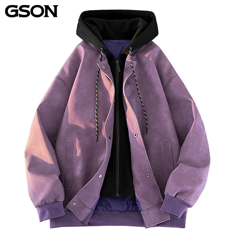 GSON美式假两件外套男女款春秋宽松休闲连帽夹克百搭上衣潮流