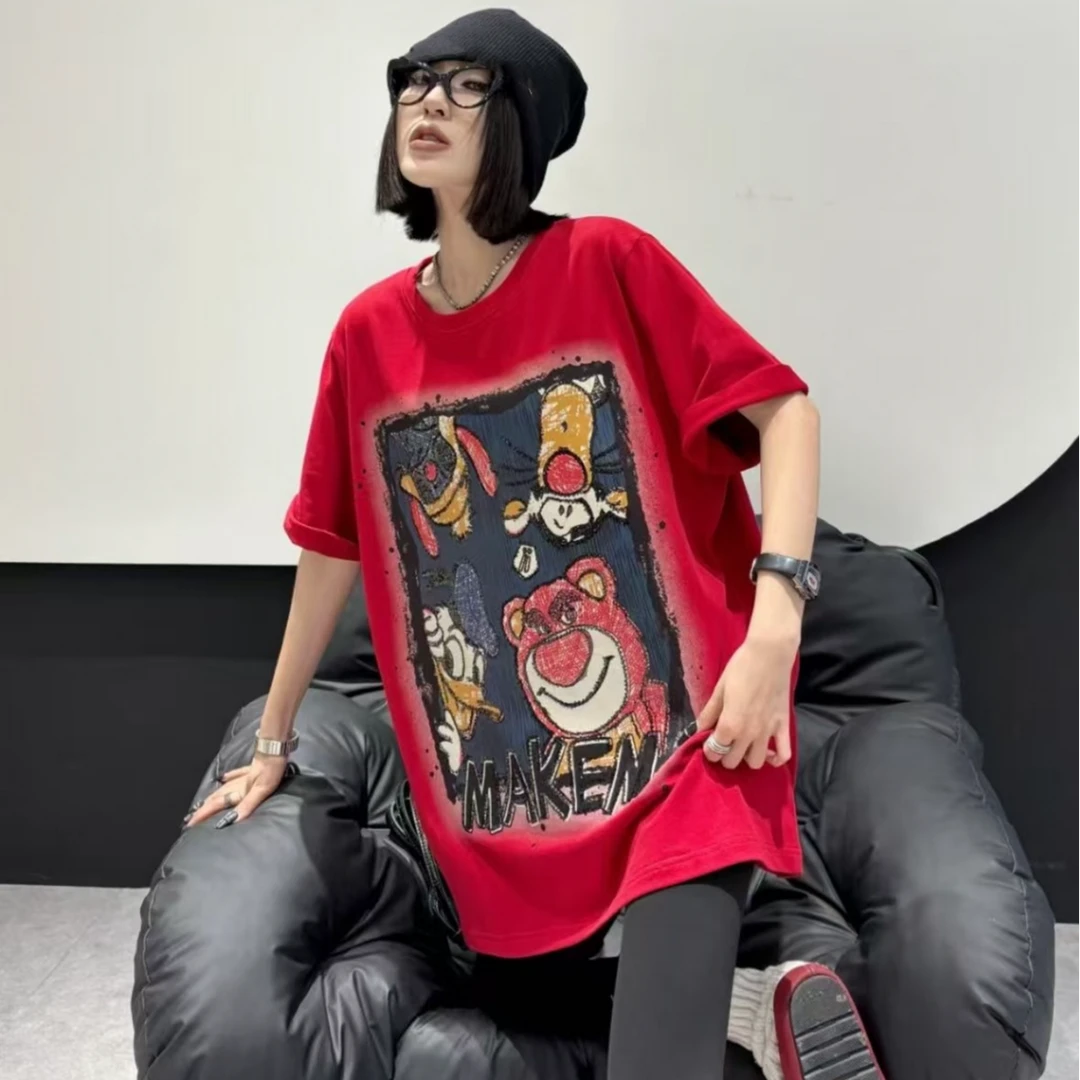 奇奇家潮派宽松大码冬季新款韩版加厚加大码重工熊休闲半袖T