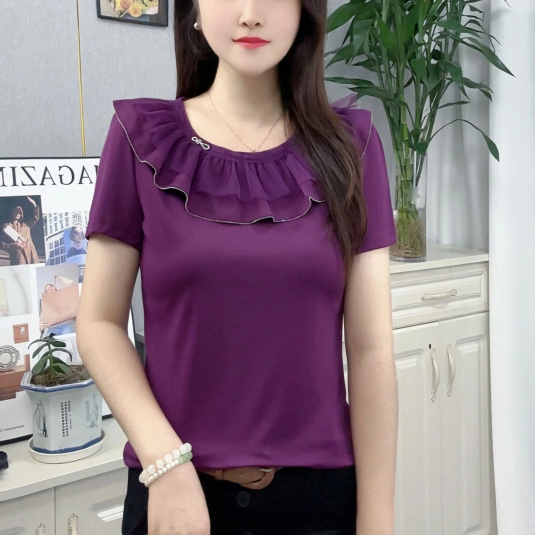 夏季时尚T恤女洋气减龄荷叶花边领气质百搭宽松显瘦短袖休闲上衣