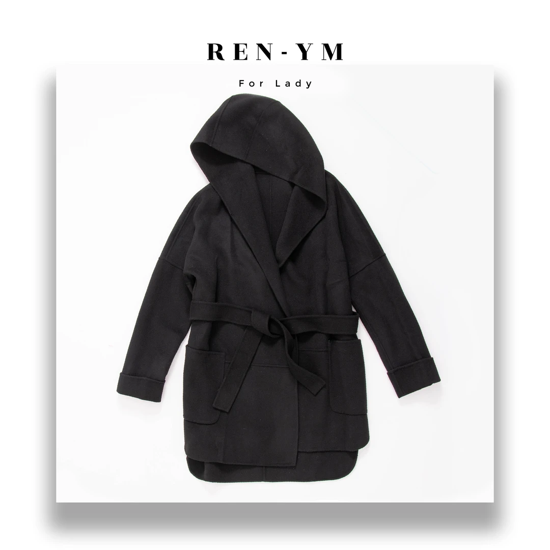 【REN-YM】秋冬时尚休闲连帽双面呢黑色中长款羊毛冬季毛呢羊绒外套