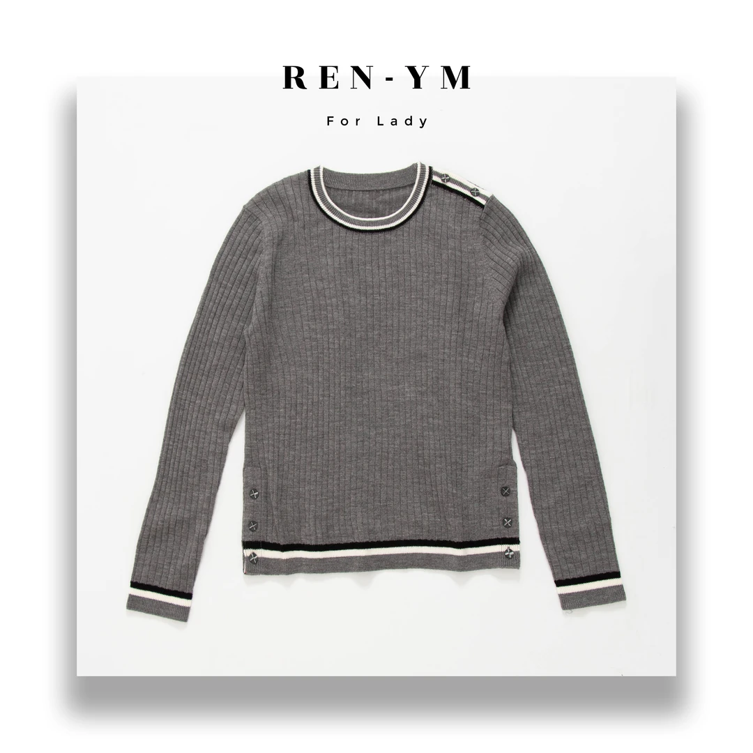 【REN-YM】秋冬英伦风圆领竖条纹长袖百搭针织羊毛衫时尚毛衣打底