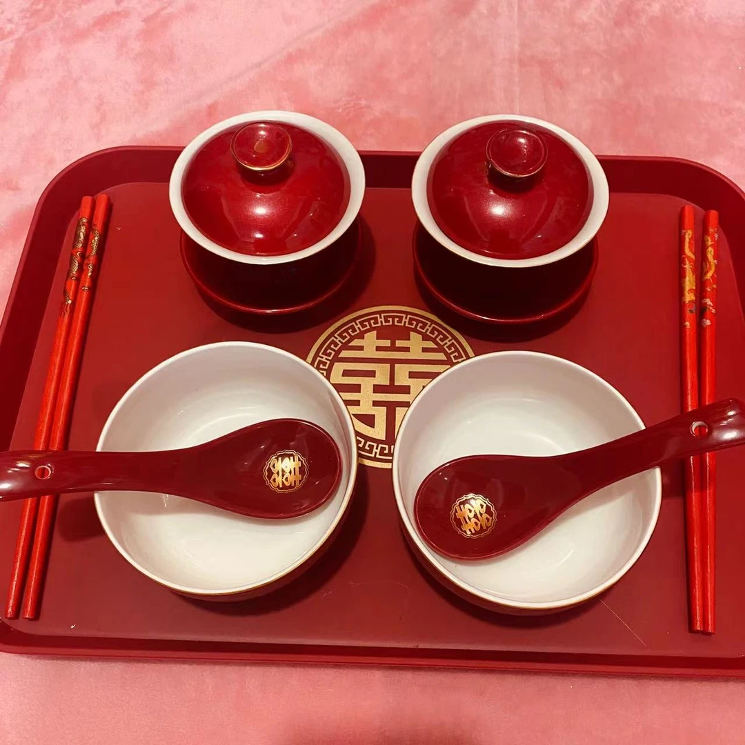 茶杯托盘陶瓷结婚中式托盘婚庆喜庆婚用中国红伴手礼高档筷勺