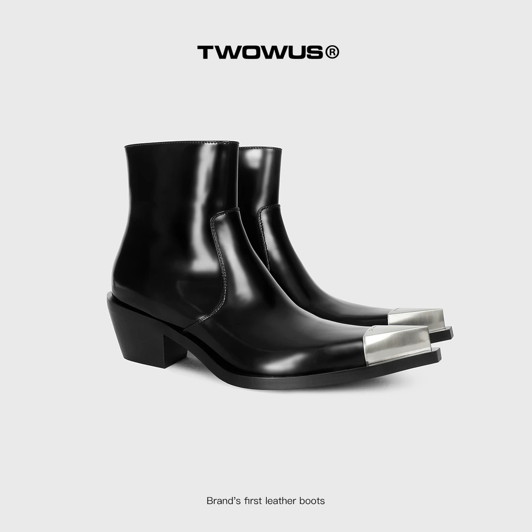 TWOWUS品牌原创头层牛皮金属尖头小众切尔西皮靴翘头增高男女同款