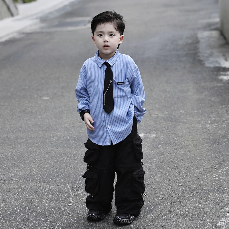 【现货】Jimmy妈童装 秋季儿童学院风蓝色条纹长袖衬衫韩版休闲上衣