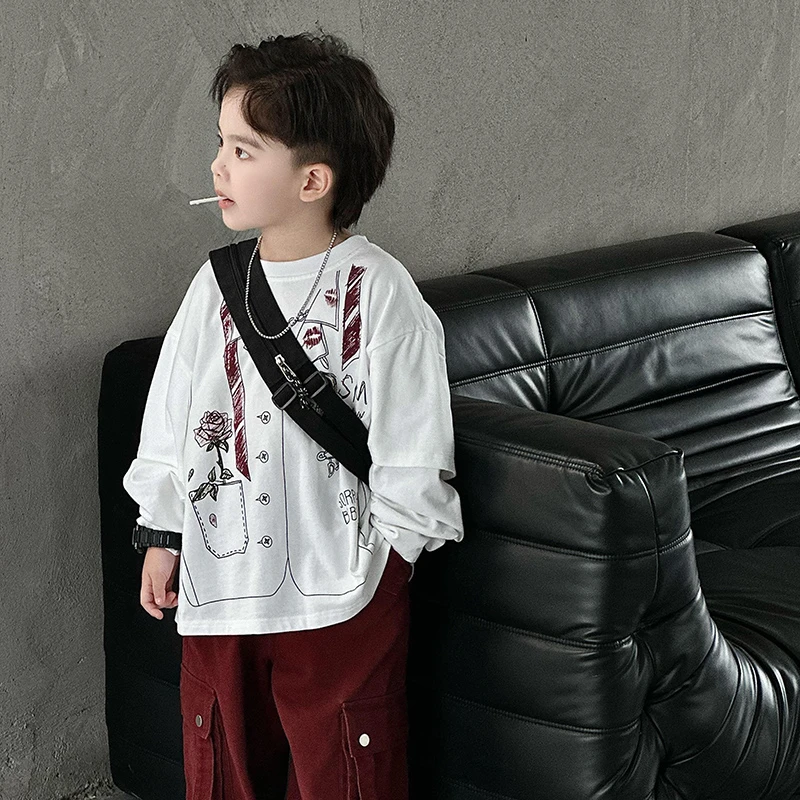 【现货】Jimmy妈童装 送你一朵小红花 秋季儿童个性印花双层长袖T恤