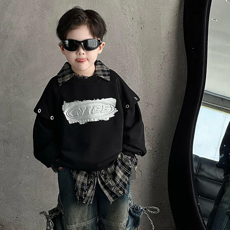 【现货】Jimmy妈童装 黑夜星辰秋季儿童百搭圆领拼接袖黑色宽松卫衣