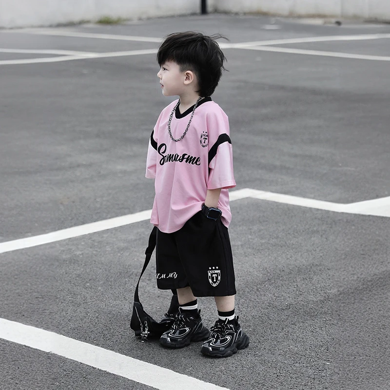 【现货】Jimmy妈童装欧洲杯夏季儿童粉色V领速干运动短袖足球服套装