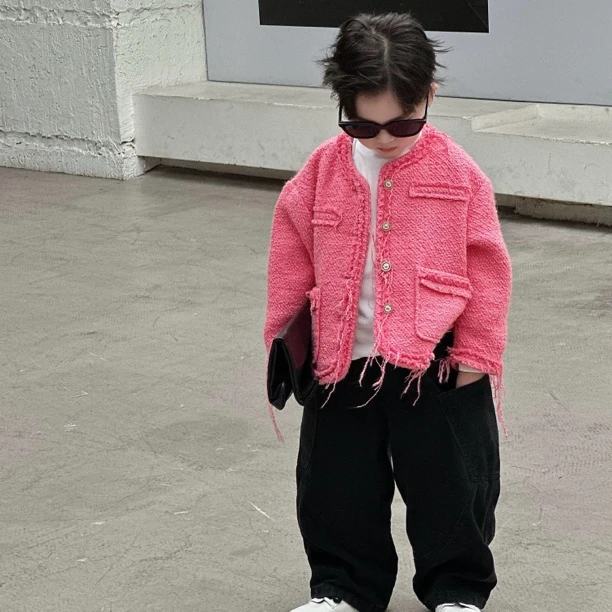 【现货】Jimmy妈童装 无法拒绝秋季新款儿童粉色小香风流苏开衫外套