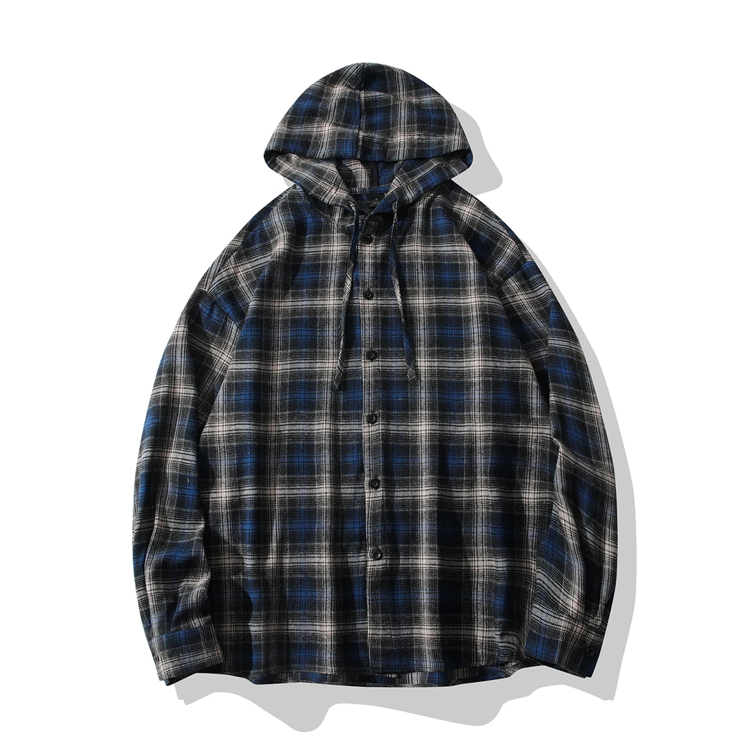 复古潮流美式纯棉格子连帽长袖衬衫春秋季宽松百搭显瘦情侣休闲