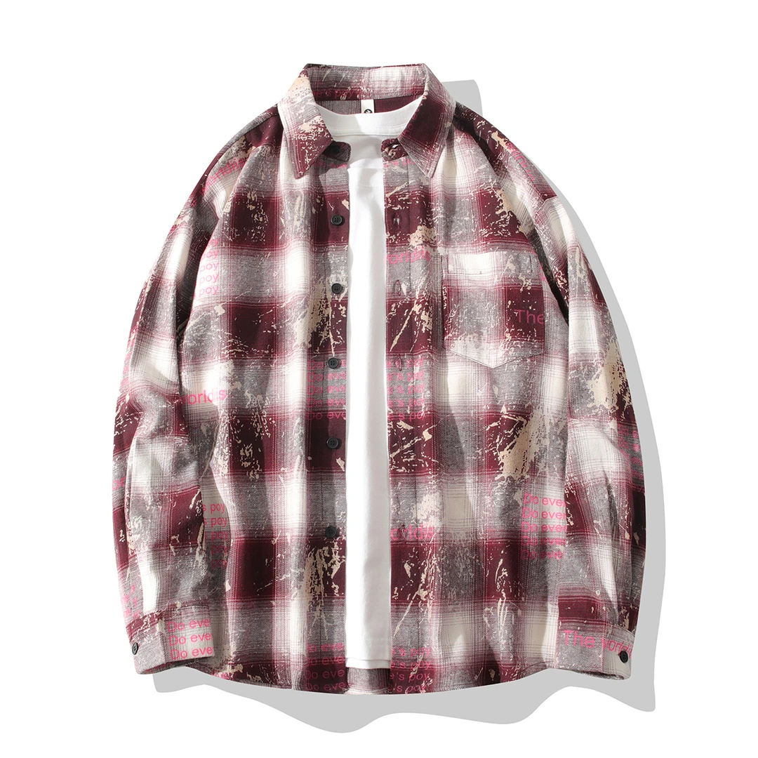 美潮复古高街扎染渐变纯棉长袖格子衬衫春秋季情侣出街酷帅衬衣