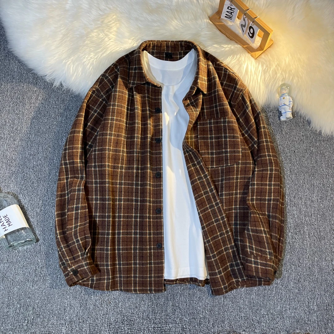 春秋季美式复古磨毛格纹长袖衬衫男女同款宽松百搭休闲衬衣外套