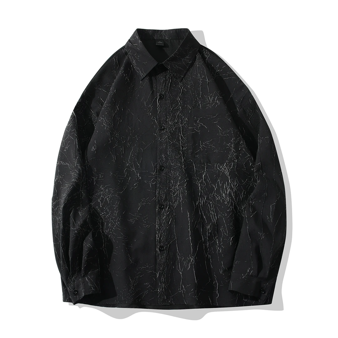 黑色高级肌理感裂纹长袖衬衫春秋季痞帅纹理印花衬衣外套男女同款