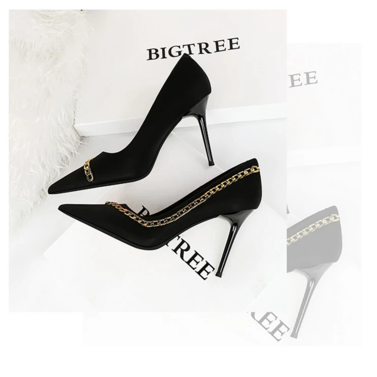 欧美性感显瘦细跟超高跟浅口尖头金属链子链条女鞋单鞋