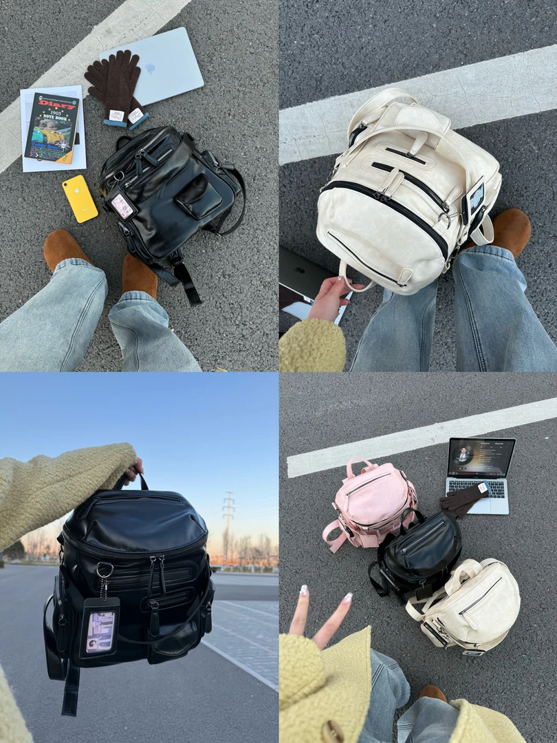 【高级机车双肩包】多口袋设计辣妹双肩包小众个性大容量腋下包包女