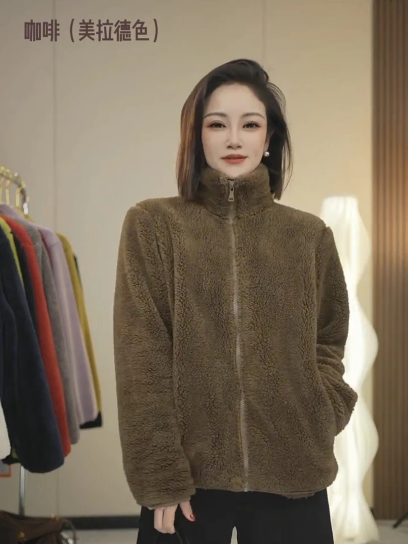 女款立领长绒摇粒绒拉链茄克珊瑚绒加绒保暖秋冬季时尚外套