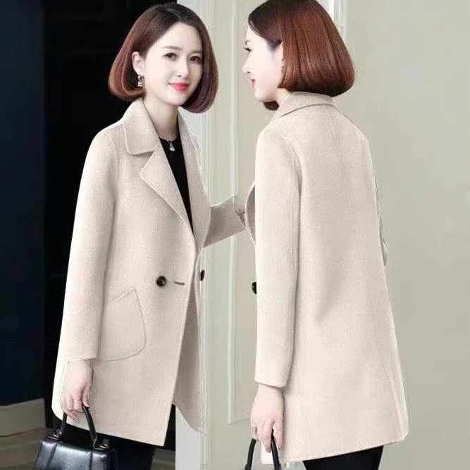 YK2289简约2022春秋新款双面呢女中长款韩版西装领修身毛呢外套